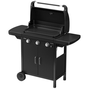 Campingaz Plancha EX3 barbecue a gas, nero, con tre bruciatori, plancha e tavolini laterali.