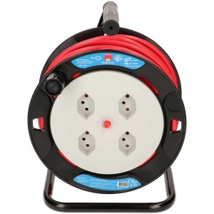 Enrouleur de câble avec 4 prises Type 13, câble de 20 m, noir-gris, avec câble rouge.
