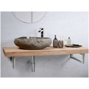 Vasque à poser ovale Baliv WBA-7030 en pierre naturelle sur meuble en bois avec robinet et accessoires de bain.