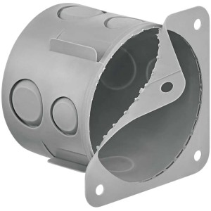 Scatola da incasso grigia 65mm con flangia parzialmente strappata per installazione elettrica.