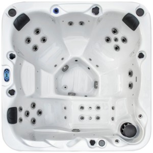 Spa blanc Planet Spa Brissago 1100 l avec couchette et 4 places assises, vue de dessus.