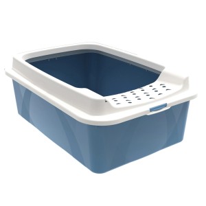 Bac à litière pour chat Rotho Eco Bonnie Tray M bleu horizon avec bord blanc et entrée par le haut.