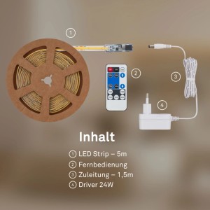 Brilo LED-Band COB Set: 5m LED-Streifen, Fernbedienung, Zuleitung, 24W Driver. Dimmbar, warmweiss.