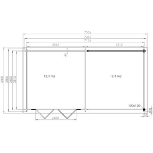 Plan de l'abri de jardin Alpholz Freiburg-44, 755x399 cm, avec dimensions et surfaces.