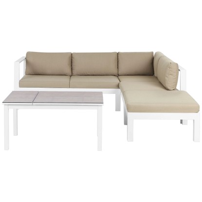 Beliani Garten-Ecksofa-Set Messina Aluminium Weiss / Sandbeige