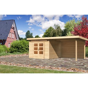 Casetta da giardino in legno non trattato Karibu Kumla 6 con tetto a una falda ed estensione in giardino.