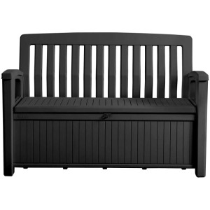 Box da giardino con panca Keter Patio grigia, larghezza 132,7 cm, con spazio per attrezzi e seduta per 2 persone.