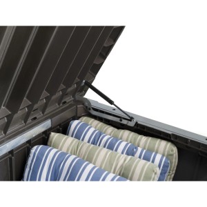 Coffre de jardin Keter Rockwood ouvert, couleur expresso, avec coussins. Coffre de rangement pratique avec ressort à gaz.