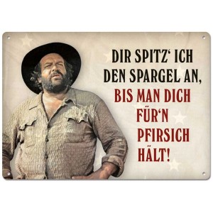Cartolina in latta con Bud Spencer e la scritta: Ti affilo gli asparagi.