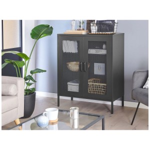 Vitrine noire Beliani Wakatipu en acier avec portes en verre, 102x80x40 cm, comme buffet dans le salon.