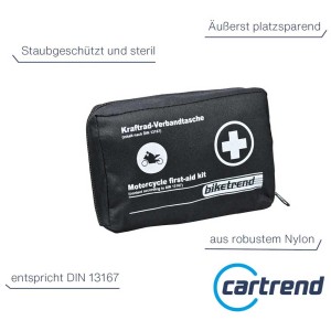 Kit di pronto soccorso moto nero DIN 13167, compatto e sterile.