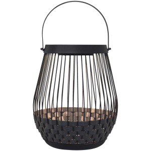 Lampe solaire LED marron aspect rotin, Ø 26 cm, hauteur 47 cm, à suspendre.