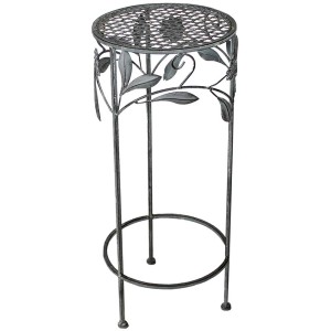 Supporto per piante rotondo in ferro grigio antico con decoro floreale, Ø 25 cm, altezza 60 cm.