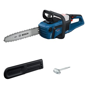 Tronçonneuse à batterie Bosch Professional GKE 18V-40 Solo avec guide, protège-chaîne et outil.