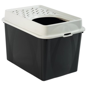 Litière pour chat Rotho Eco Berty noire avec couvercle blanc et entrée par le haut.