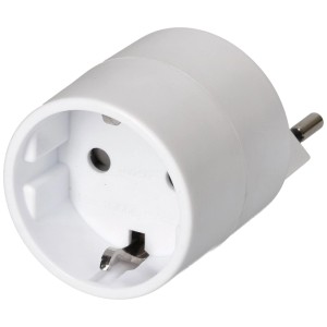 Adaptateur blanc asymétrique Schuko vers Type 12 pour prises suisses.