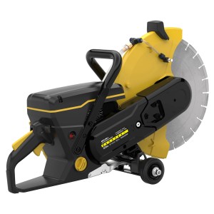 Tronçonneuse à béton Güde GBTS 350.1, machine de chantier jaune et noire avec disque diamant.
