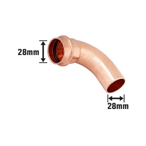 Kupfer Press-Bogen, 90 Grad, Durchmesser 28 mm, für Kupferrohr-Verbindungen.