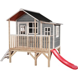 Cabane en bois grise EXIT Loft 350 avec toboggan, échelle et toit étanche pour enfants.