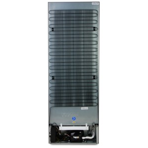 Vista posteriore del congelatore Domo DO91204F argento con alette di raffreddamento e compressore.