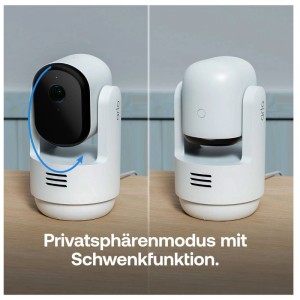 Arlo Essential 3 PTZ Innenkamera im 2er-Set, weiße Kamera mit Schwenkfunktion und Privatsphärenmodus.