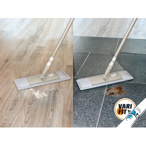 Manche télescopique OBI Varifit greige, extensible 72-120 cm, avec balai sur parquet et carrelage. Partie du système OBI.