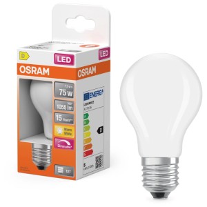 Ampoule LED Osram E27, filament, mat, blanc chaud, équivalent 75W, dimmable.