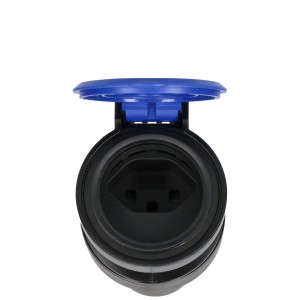 Raccord de prise de courant noir T23, 3 pôles, IP55 avec couvercle bleu ouvert.