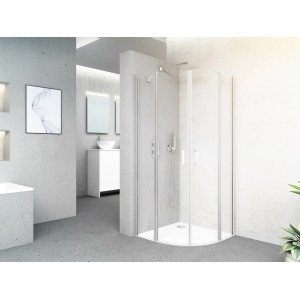 Cabine de douche quart de cercle baliv DUK-90.50R, 90x90 cm, chromée, avec portes battantes et effet perlant dans salle de bain.