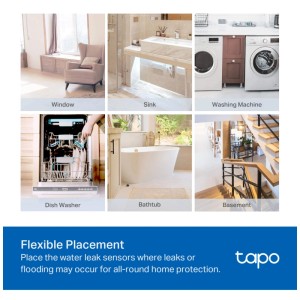 Anwendungsbeispiele Tapo T300 Wasserleck-Sensor: Waschbecken, Waschmaschine, Badewanne, Geschirrspüler, Fenster, Keller.