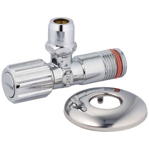 Robinet d'équerre chromé avec rosace pour raccordement d'eau. Régule le débit.