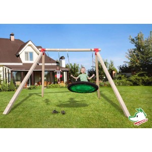 Balancelle double Weka Tabaluga avec balançoire à planche et balançoire nid d'oiseau dans le jardin.