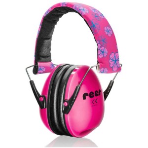 Casque antibruit rose Reer SilentGuard Kids avec motif floral pour enfants.