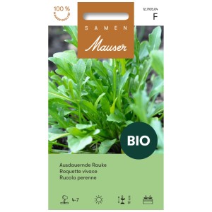 Sachet de graines de roquette bio avec feuilles vertes. Roquette vivace pour salades épicées.