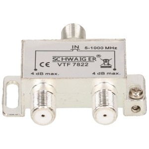 Répartiteur d'antenne Schwaiger 2 voies, atténuation 4 dB pour réception optimale.
