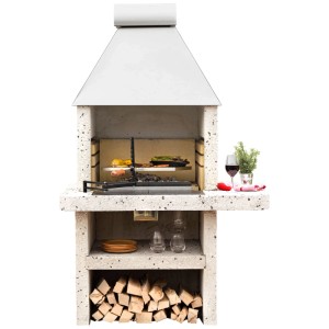 Cheminée de jardin Nouvel Sole carrée en béton lavé, grise, avec grillades et accessoires.