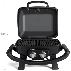 Burnhard Wayne Balkongrill, 2-Brenner, schwarz, mit geöffnetem Deckel und Gussrosten.