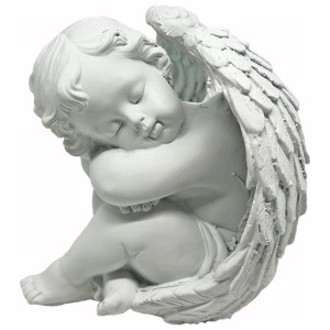 Sitzende Engelfigur aus Polyresin, weiss, 12,3 cm. Dekorative Grabdekoration.
