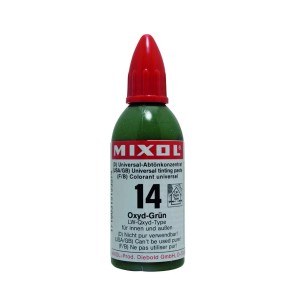 Mixol Abtönfarbe Nr. 14 Oxyd-Grün, 20g Flasche mit rotem Deckel.