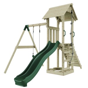 PolarPlay Göteborg torre gioco in legno con altalena, scivolo e torre di arrampicata, verde.