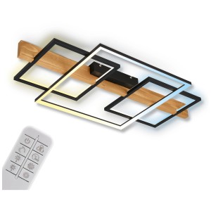 Plafonnier LED dimmable avec 3 éléments métalliques, base en bois et télécommande.