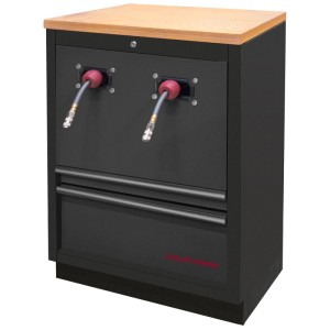 Armoire à outils Kraftwerk Mobilio noire avec plateau en bois et deux raccords d'air comprimé.