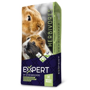 Witte Molen Aliment complet pour cochon d'Inde Expert, sac de 20 kg avec illustration de cochon d'Inde et lapin.