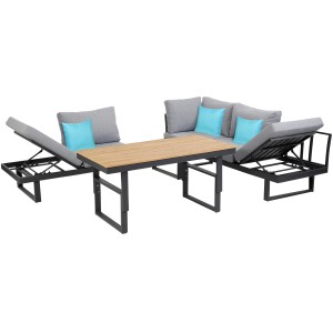 Greemotion Lounge-Gruppe San José, 3-teilig, braun, mit verstellbaren Sofas und höhenverstellbarem Tisch.