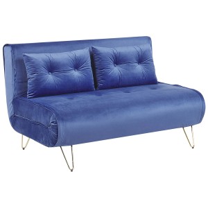 Canapé convertible 2 places Vestfold bleu marine avec revêtement en velours et pieds dorés.