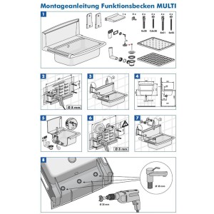 Istruzioni di montaggio per Ausgussbecken Multi Weiss, con illustrazioni schematiche delle singole fasi di montaggio.