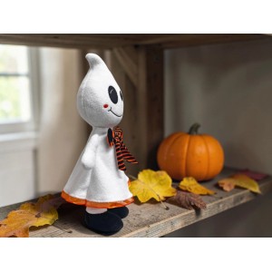 Decorazione Halloween fantasma in piedi, bianca, alta 40 cm, con fiocco arancione e nero. Ideale per decorazioni di Halloween.