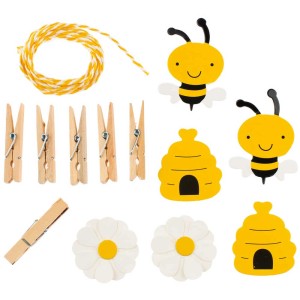 Papiergirlande mit Bienen, Blumen und Holzklammern zum Aufhängen von Fotos.