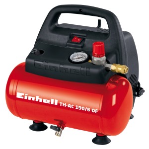 Compresseur Einhell TH-AC 190/6 OF compact rouge avec manomètre et poignée.