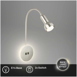 Applique murale LED Briloner en nickel mat avec effet de rétroéclairage et bras flexible.